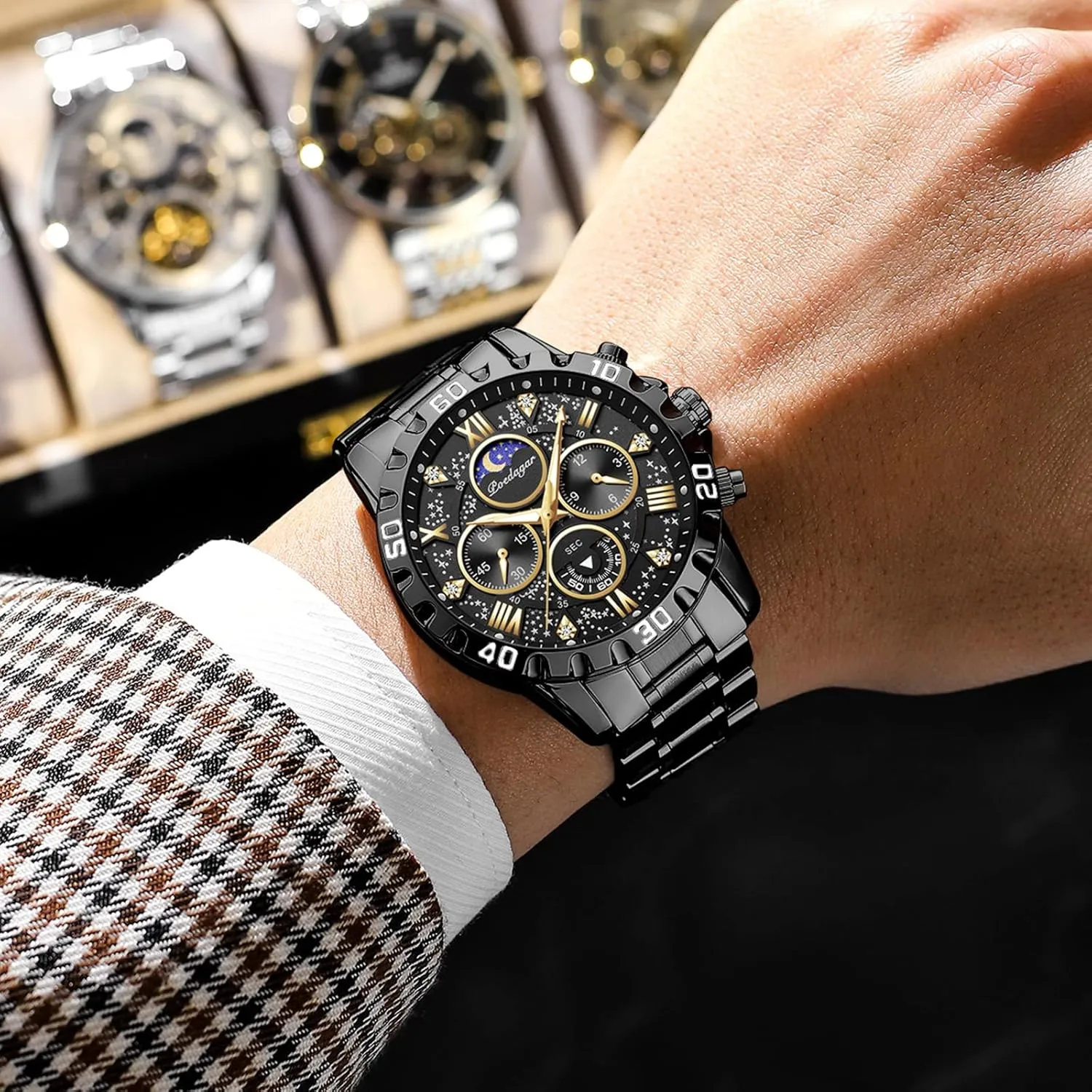 Luxury Military draw Quartz Watch Casual Sport Man Starry Elements Designed Dial Wristwatch Waterproof Luminous Chronograph Stainless Steel Men Watches Men's 