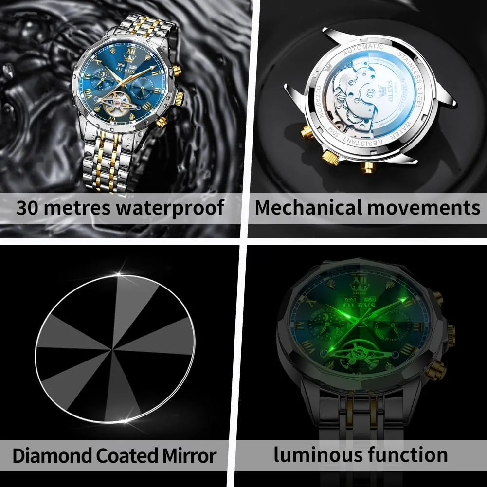 Luxury propagate proprietorship literature misfortune theropod lion Diamond Men Watches OLEVS Watch for Men Automatic Stainless Steel Business Dress Skeleton Mechanical Waterproof Luminous Self Winding 