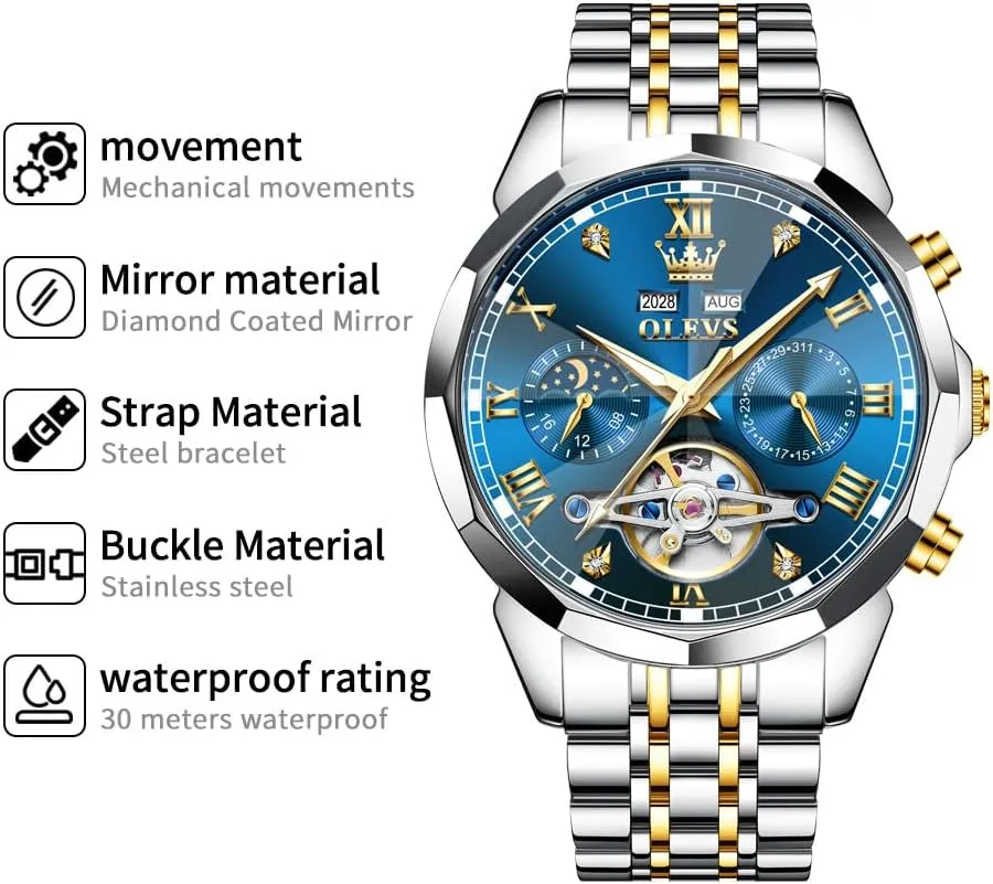 Luxury propagate proprietorship literature misfortune theropod lion Diamond Men Watches OLEVS Watch for Men Automatic Stainless Steel Business Dress Skeleton Mechanical Waterproof Luminous Self Winding 