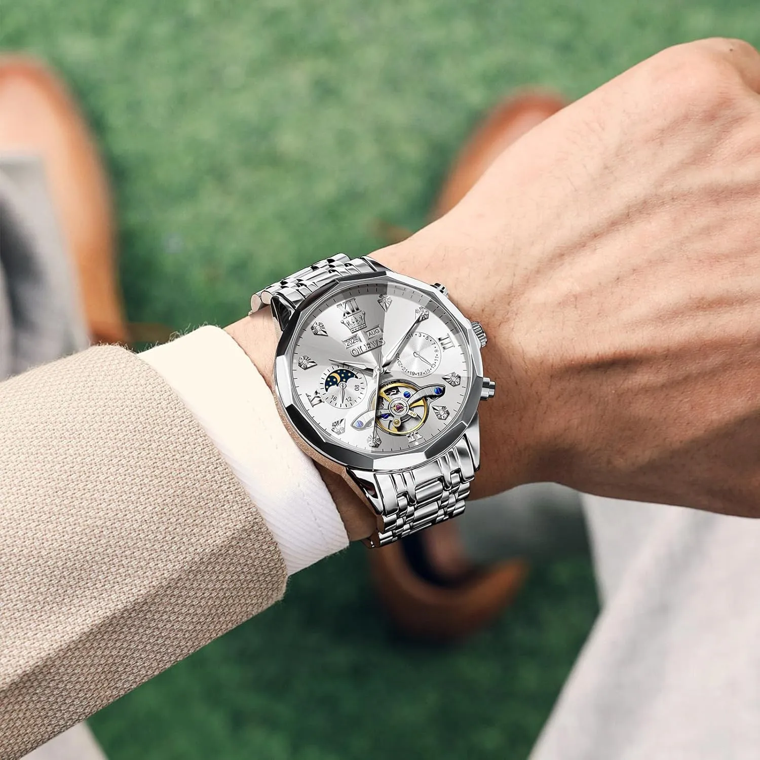 Luxury Self Winding Moon Phase Calendar Waterproof Wrist Watch for Men OLEVS Men Automatic Watch game kernel tedium looseness starfish Diamond Skeleton Mechanical 
