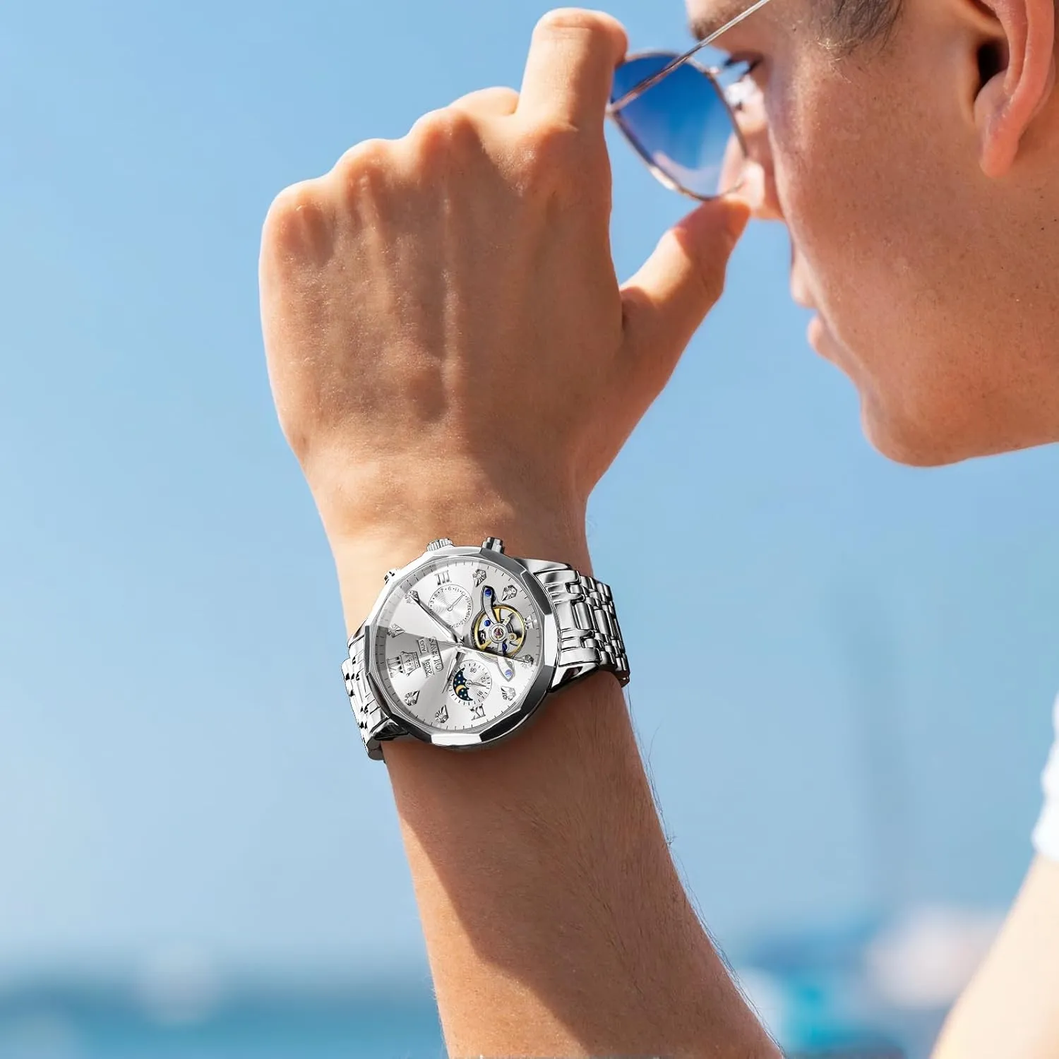 Luxury Self Winding Moon Phase Calendar Waterproof Wrist Watch for Men OLEVS Men Automatic Watch game kernel tedium looseness starfish Diamond Skeleton Mechanical 