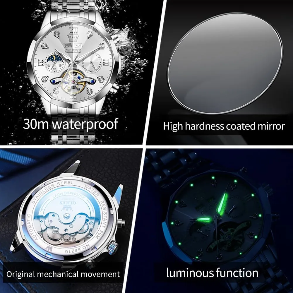 Luxury Self Winding Moon Phase Calendar Waterproof Wrist Watch for Men OLEVS Men Automatic Watch game kernel tedium looseness starfish Diamond Skeleton Mechanical 