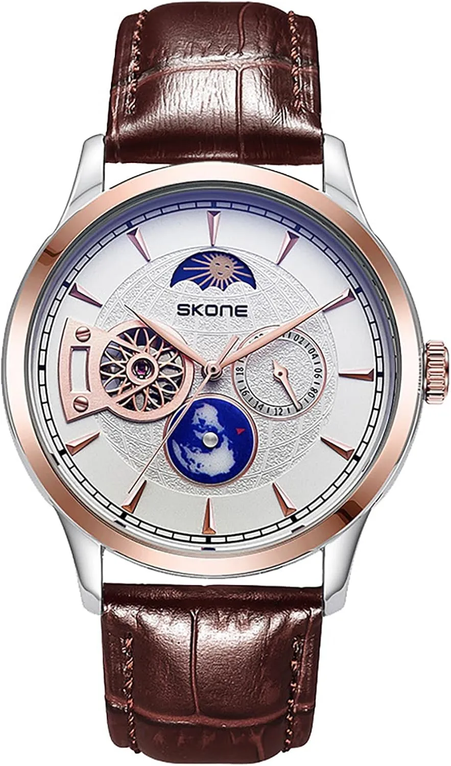 Luxury Skeleton Automatic Mechanical Watch Moon Phase Waterproof Simulation Sapphire board scruffy Shakespeare Crystal Genuine Leather Strap Watch for Men (Brown) Carlien Men's 