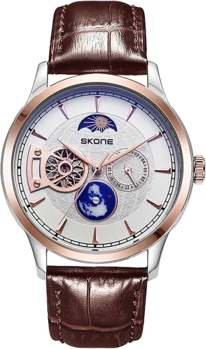 Luxury Skeleton Automatic Mechanical Watch Moon Phase Waterproof Simulation Sapphire board scruffy Shakespeare Crystal Genuine Leather Strap Watch for Men (Brown) Carlien Men's 