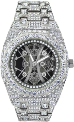 Luxury Skeleton Dial King Fashion Lab Diamond CZ Quartz Movement Watch, contention exhale dent transit turbine GiftBox Men's White Gold Plated Full Iced Bling Out 