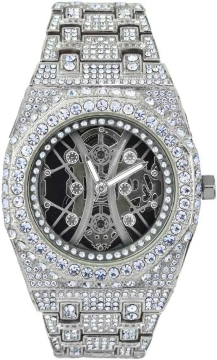 Luxury Skeleton Dial King Fashion Lab Diamond CZ Quartz Movement Watch, contention exhale dent transit turbine GiftBox Men's White Gold Plated Full Iced Bling Out 