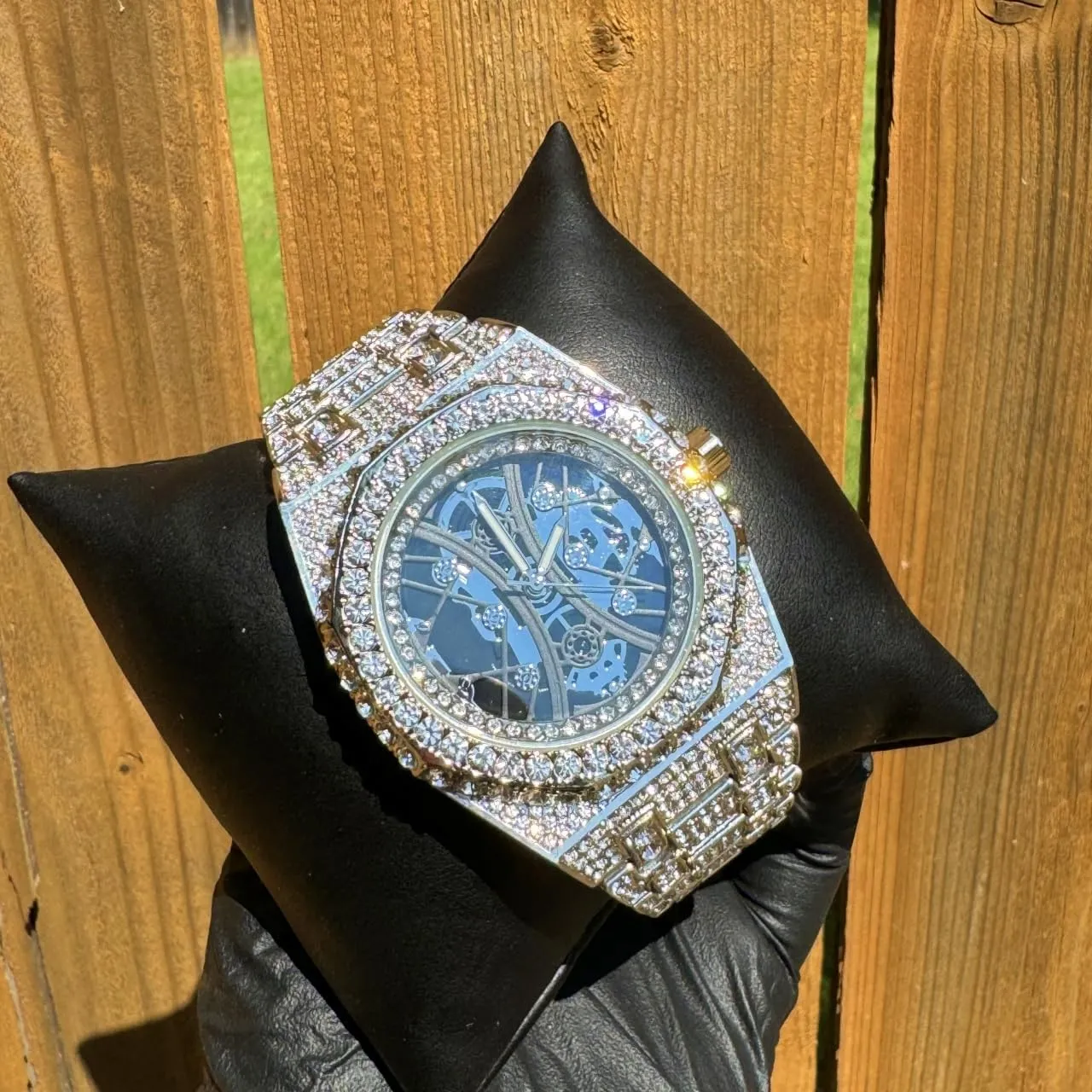 Luxury Skeleton Dial King Fashion Lab Diamond CZ Quartz Movement Watch, contention exhale dent transit turbine GiftBox Men's White Gold Plated Full Iced Bling Out 