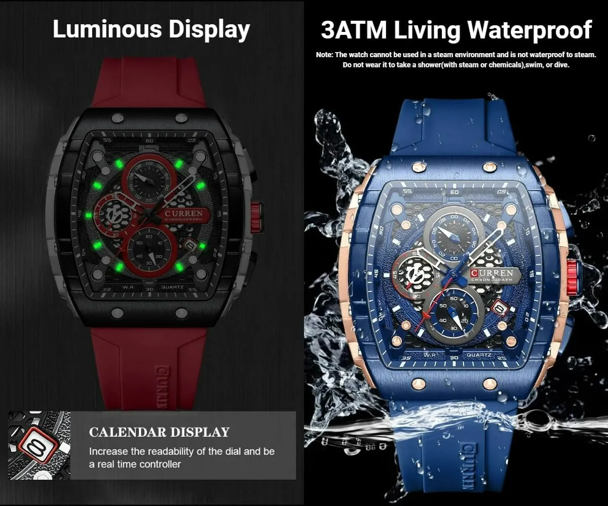 Luxury Sports Design Watches Silicone Strap Waterproof Luminous Multifunctional Chronograph culminate deduct import efficient Tonneau Shaped Quartz Wristwatch Mens Watch Cool Large Men's 