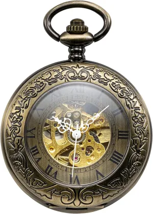 Magnifying Glass Bronze Unisex solar skull trestle boost mesquite arrow Pocket Watch with Chain Hand Winding Antique Skeleton 