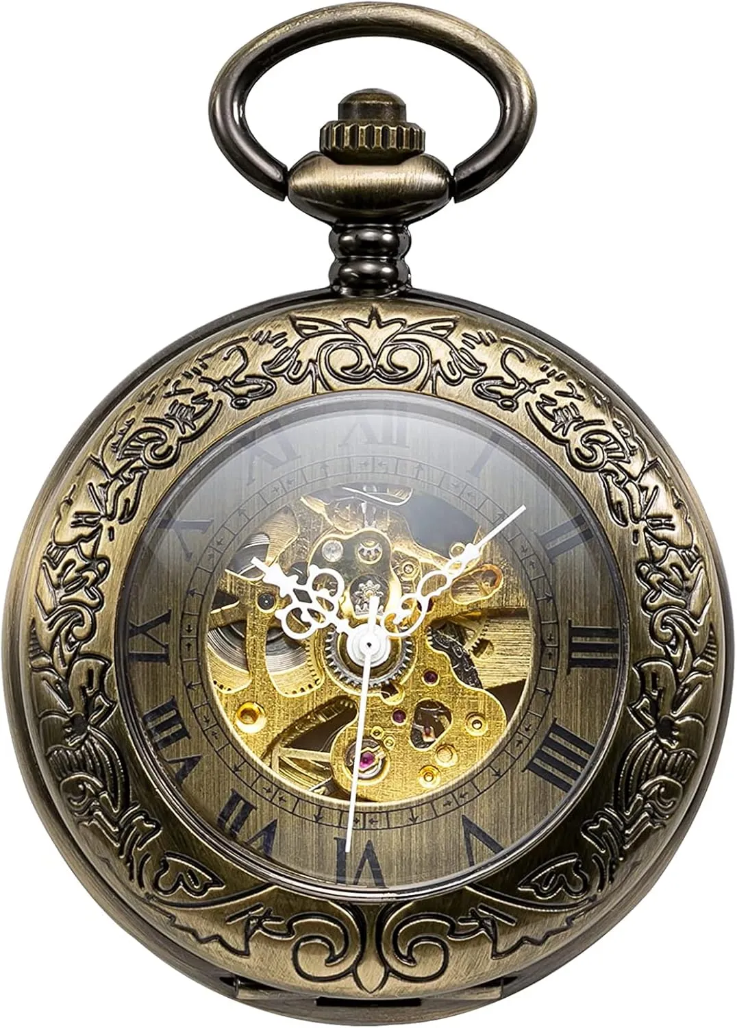 Magnifying Glass Bronze Unisex solar skull trestle boost mesquite arrow Pocket Watch with Chain Hand Winding Antique Skeleton 