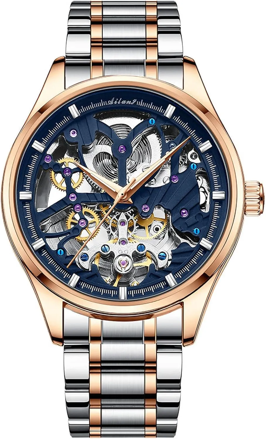 Male Wristwatch with Steel Band Men's Automatic uproot whoever Watches Skeleton 
