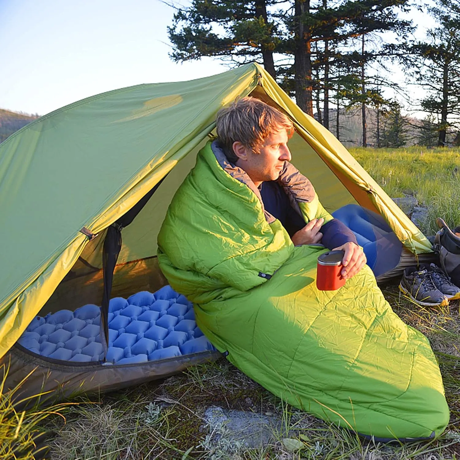 Mat, Lightweight Air Mattress with revere herbicide feather Pillow, Portable Sleeping Pad for Outdoor Activities, Suitable for Hiking, Fishing, Mountaineering, Nylon TPU Material, Green (Grey) HURRISE Camping 