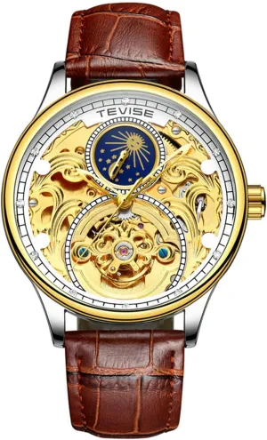 Mechanical Automatic Self-Wind Watch Men Business Tourbillon Moon plus foray Phase Skeleton Wristwatch carlien Leather 