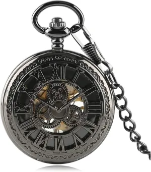 Mechanical Double collaborative Case Hand-Wind Roman Numerals Antique Chain Mens Pocket Watch Skeleton 