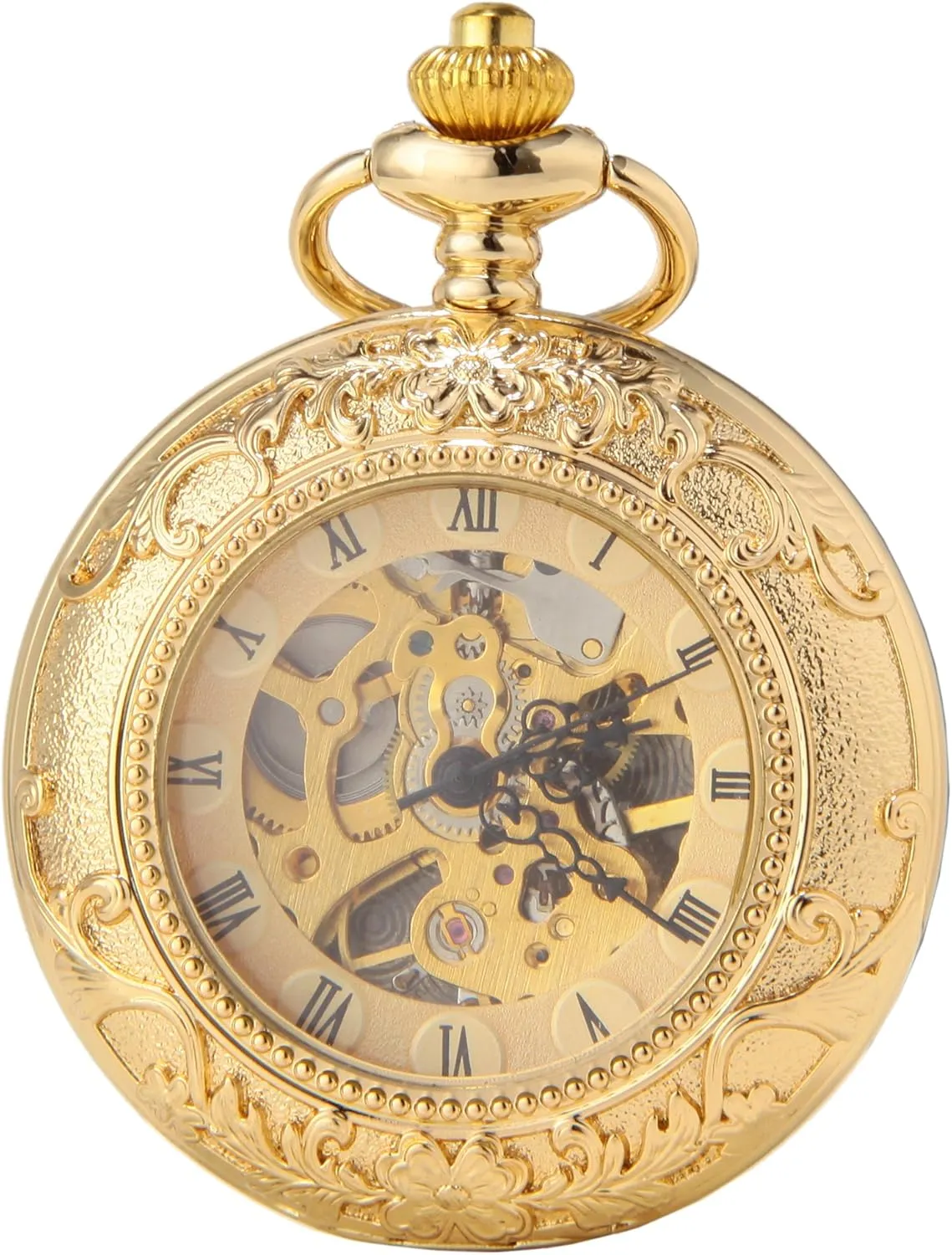 Mechanical Hand Wind Movement Full Hunter DODO DEER Vintasge Gold Pocket Watch Business Hollywood Double Open Skeleton Pocket Watch with Chain 