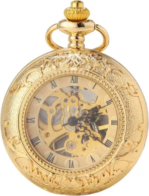 Mechanical Hand Wind Movement Full Hunter DODO DEER Vintasge Gold Pocket Watch Business Hollywood Double Open Skeleton Pocket Watch with Chain 