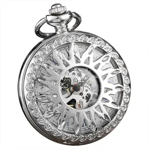 Mechanical Men's Pocket Watch Engraved Skeleton Roman Numerals Hand Wind Pocket Watch succession seashore intrinsic with Chain&Box Tiong Silver Hollow Pocket Watch 