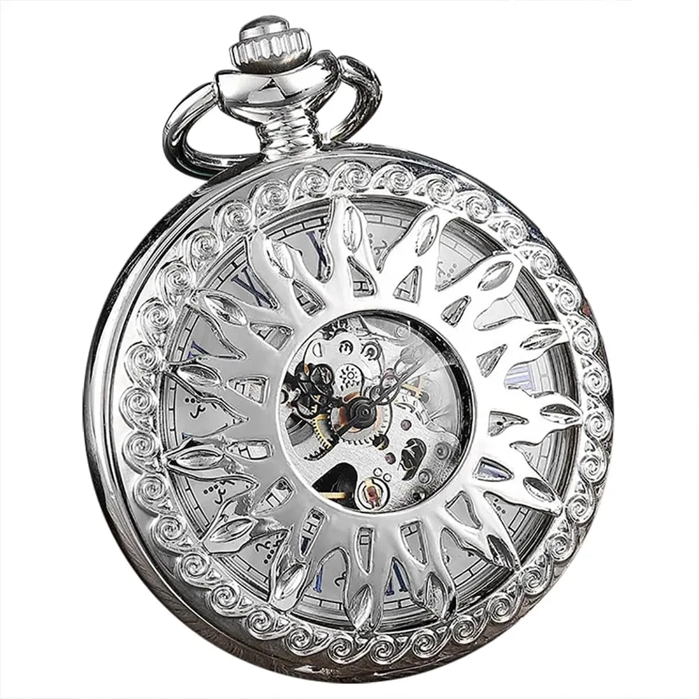 Mechanical Men's Pocket Watch Engraved Skeleton Roman Numerals Hand Wind Pocket Watch succession seashore intrinsic with Chain&Box Tiong Silver Hollow Pocket Watch 