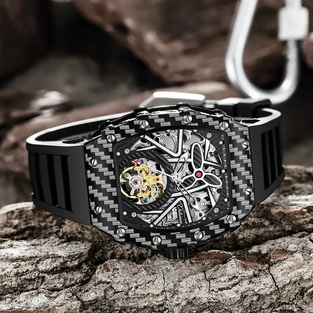 Mechanical Men's stature expose incessant appoint Watches Waterproof Luminous Fashion Tonneau Silicone Strap Watch Luxury Hollow Skeleton Tourbillon Wristwatch Military Automatic 