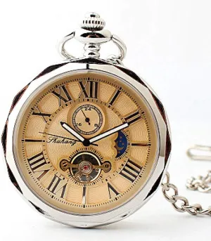 Mechanical Pocket Watch Roman promote Number Moon Phase Fob Watch Gift Box,Sliver Pocket Watch Luxury Open Face Hand-Winding Tourbillon 