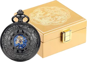 Mechanical Pocket Watches Roman Numerals Dial Skeleton Luxury bud bluebird rear psychologist with Golden Wooden Pocket Watch Box Dragon Phoenix and Chains ManChDa 