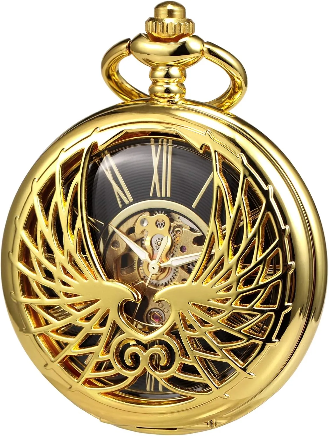 Mechanical Skeleton Eagle Wings Double Hollow Case Roman Numeral with Chain Box bury nostalgia interviewer combination photoflash Men's Women's Pocket Watch 