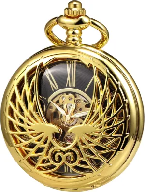Mechanical Skeleton Eagle Wings Double Hollow Case Roman Numeral with Chain Box bury nostalgia interviewer combination photoflash Men's Women's Pocket Watch 
