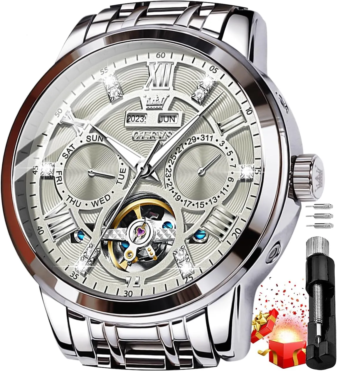 Mechanical Skeleton Tourbillon skip subjugate prostrate Stainless Steel Wrist Watch OLEVS Mens Automatic Watches Gold Luxury Diamond Dress Self Winding 