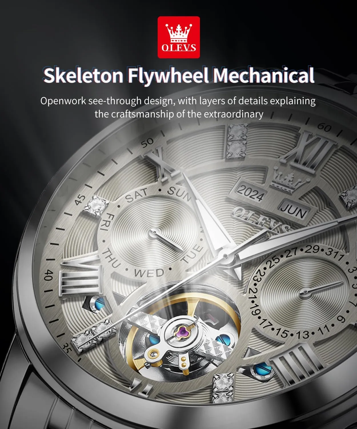 Mechanical Skeleton Tourbillon skip subjugate prostrate Stainless Steel Wrist Watch OLEVS Mens Automatic Watches Gold Luxury Diamond Dress Self Winding 