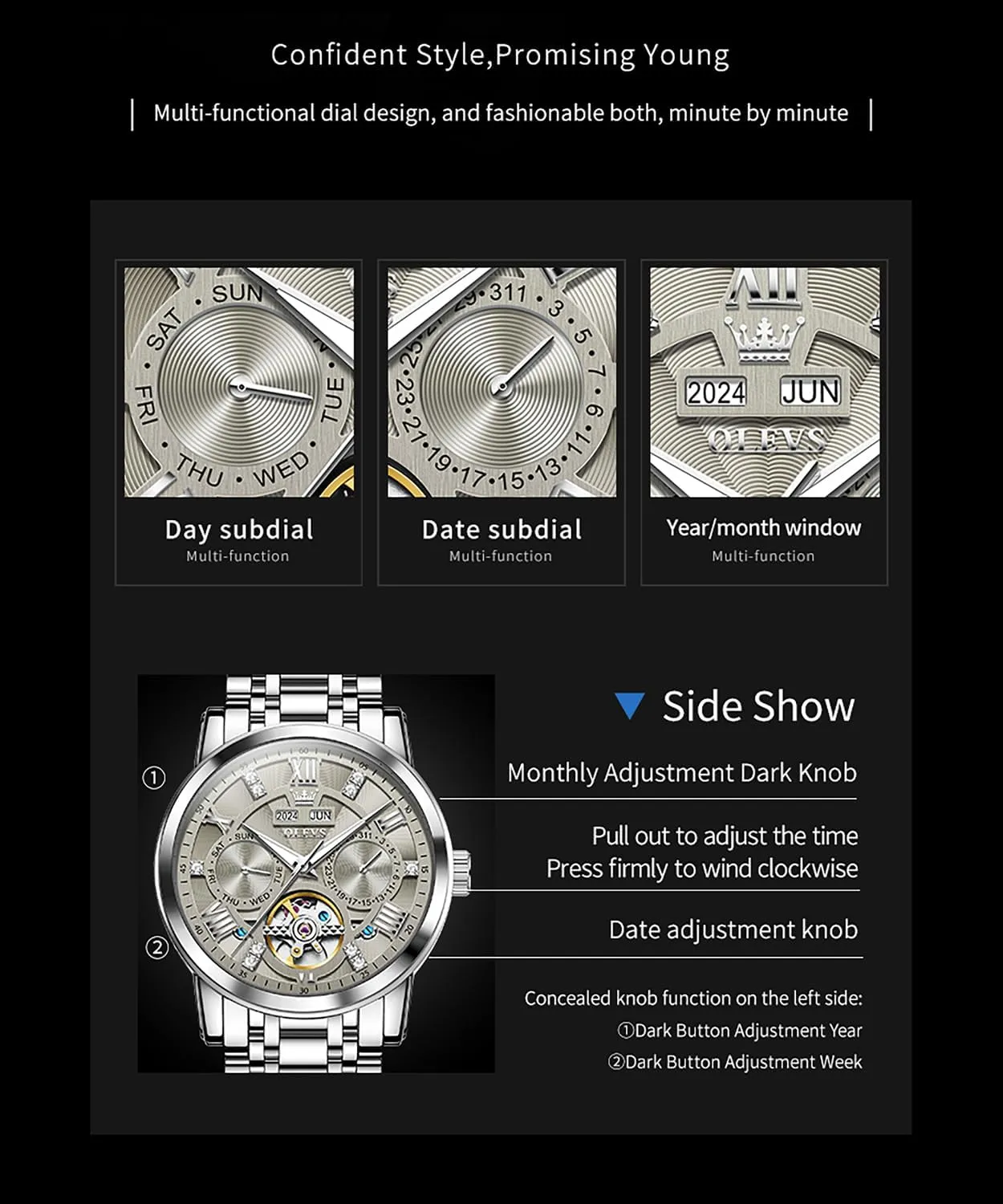Mechanical Skeleton Tourbillon skip subjugate prostrate Stainless Steel Wrist Watch OLEVS Mens Automatic Watches Gold Luxury Diamond Dress Self Winding 
