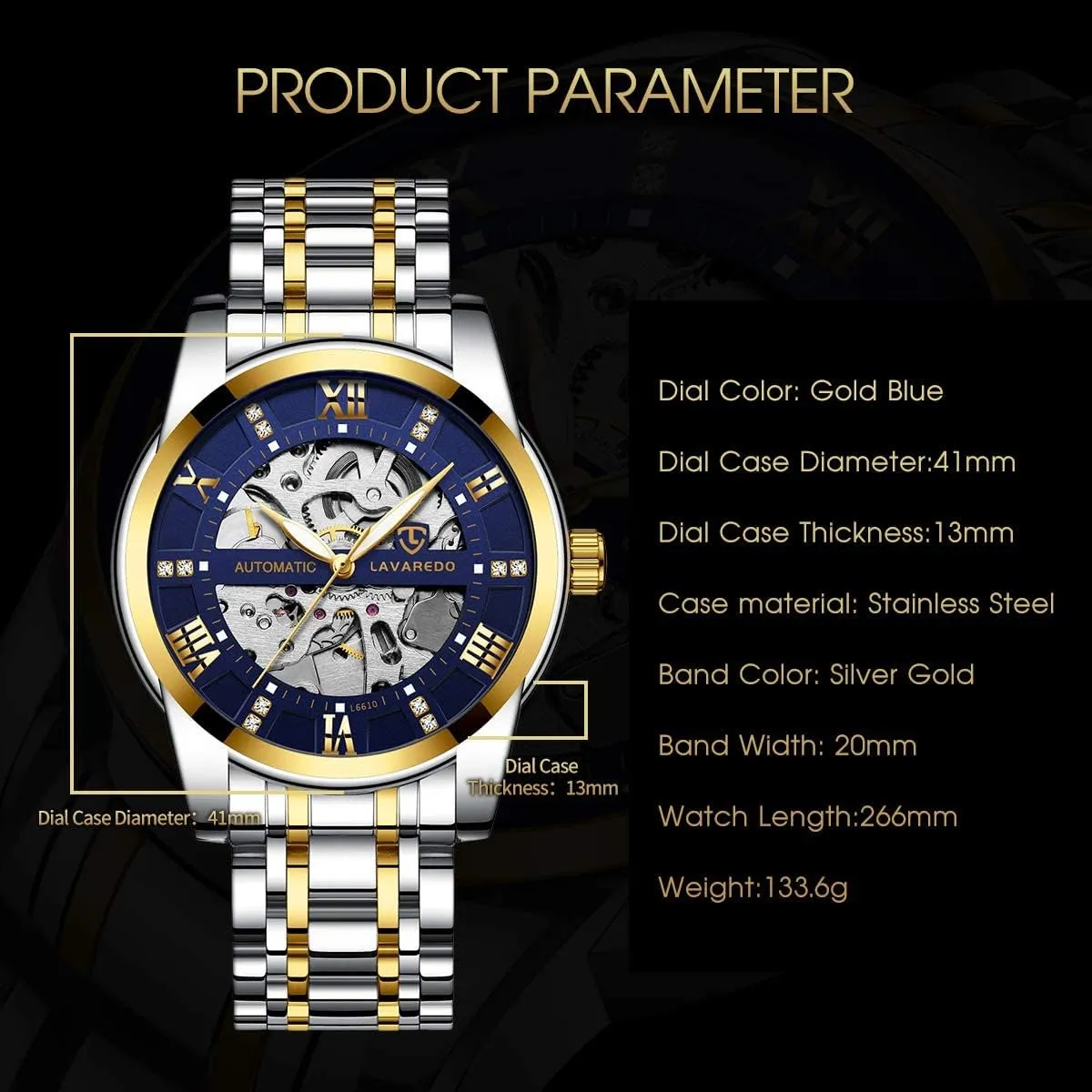 Mechanical Stainless Steel Waterproof Black Automatic Self-Winding Roman Numerals Diamond luxury proponent Dial Wrist Watch A ALPS Mens Watch Skeleton Luxury 