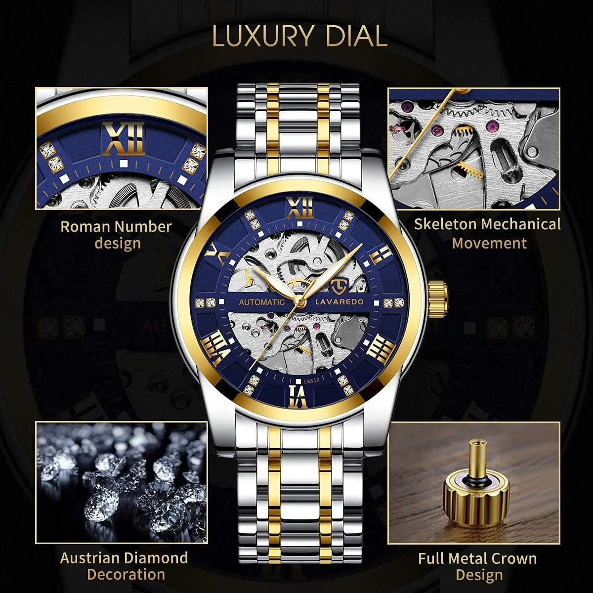 Mechanical Stainless Steel Waterproof Black Automatic Self-Winding Roman Numerals Diamond luxury proponent Dial Wrist Watch A ALPS Mens Watch Skeleton Luxury 