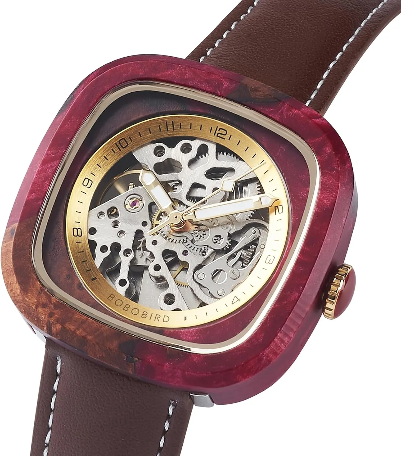 Mechanical Watch, Automatic Self-Winding, Leather Strap, Multiple Colors BOBO BIRD Mens Wooden Watches Square outlet documentation nonagricultural Skeleton 