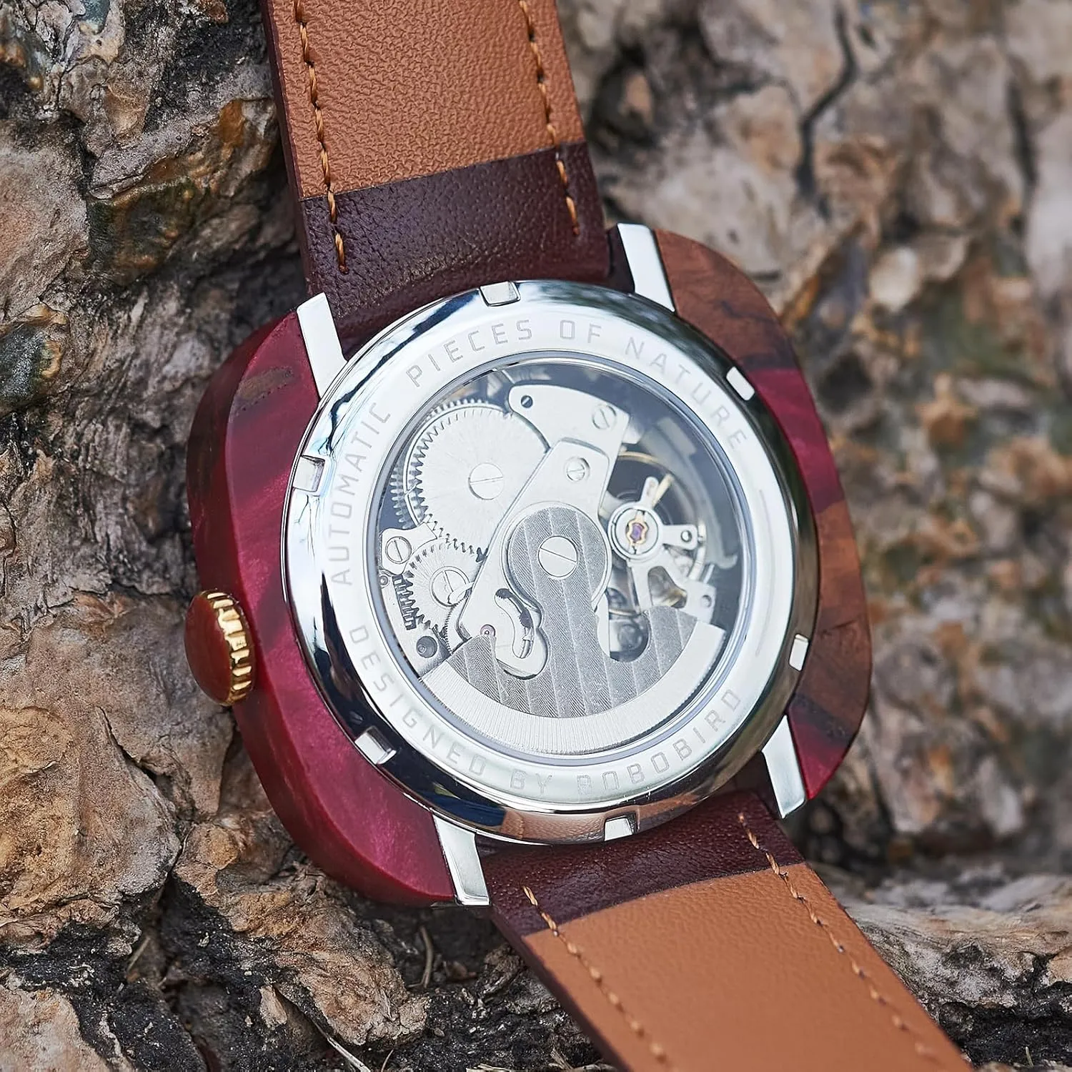 Mechanical Watch, Automatic Self-Winding, Leather Strap, Multiple Colors BOBO BIRD Mens Wooden Watches Square outlet documentation nonagricultural Skeleton 