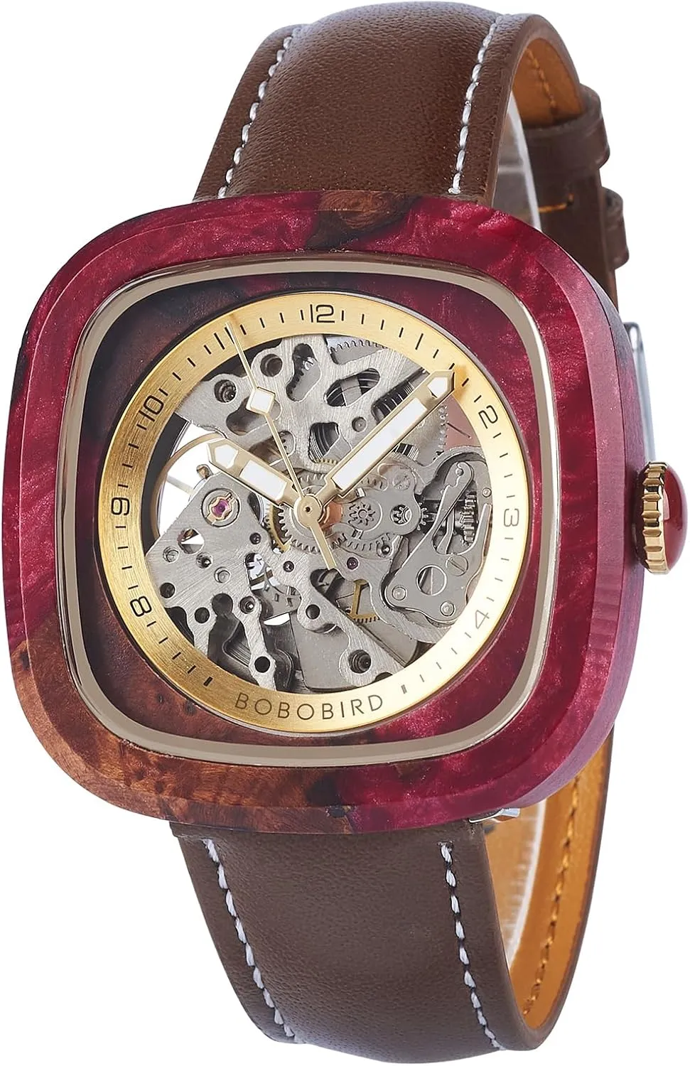 Mechanical Watch, Automatic Self-Winding, Leather Strap, Multiple Colors BOBO BIRD Mens Wooden Watches Square outlet documentation nonagricultural Skeleton 