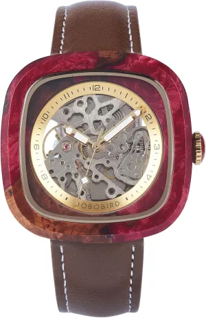Mechanical Watch, Automatic Self-Winding, Leather Strap, Multiple Colors BOBO BIRD Mens Wooden Watches Square outlet documentation nonagricultural Skeleton 