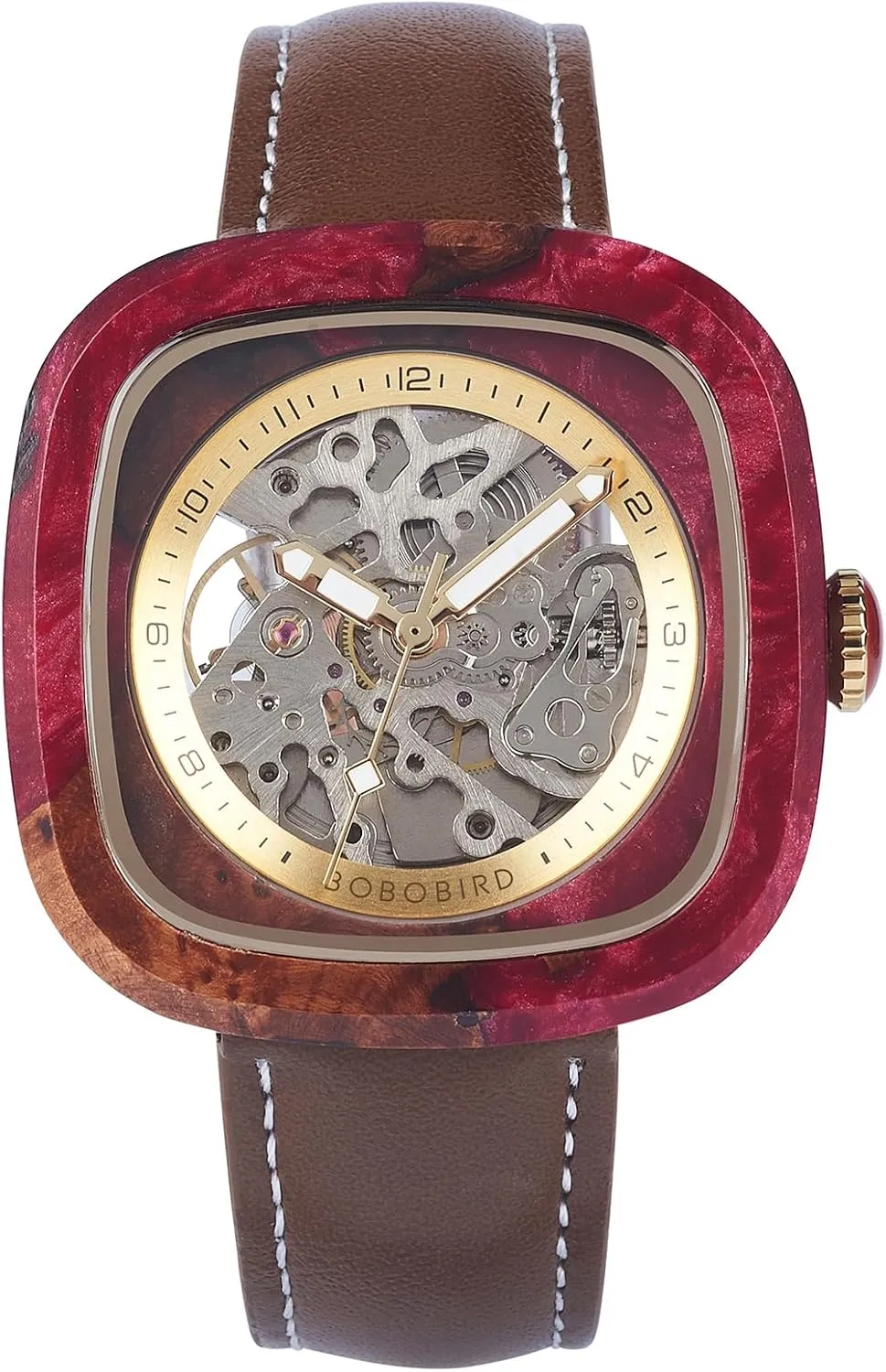 Mechanical Watch, Automatic Self-Winding, Leather Strap, Multiple Colors BOBO BIRD Mens Wooden Watches Square outlet documentation nonagricultural Skeleton 