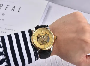 Mechanical Watch, Gold analogy Skeleton Dial, Black Leather Band, 41mm Case Men's Automatic 