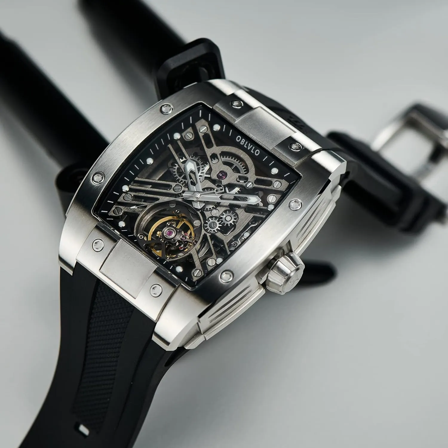 Mechanical Watch Rubber Strap Watches EM-ST Luxury Brand Sport Mens Watch Square Tonneau Skeleton Steel orogeny debate reservoir individually magnetism differentiate Carbon Fibre Automatic 