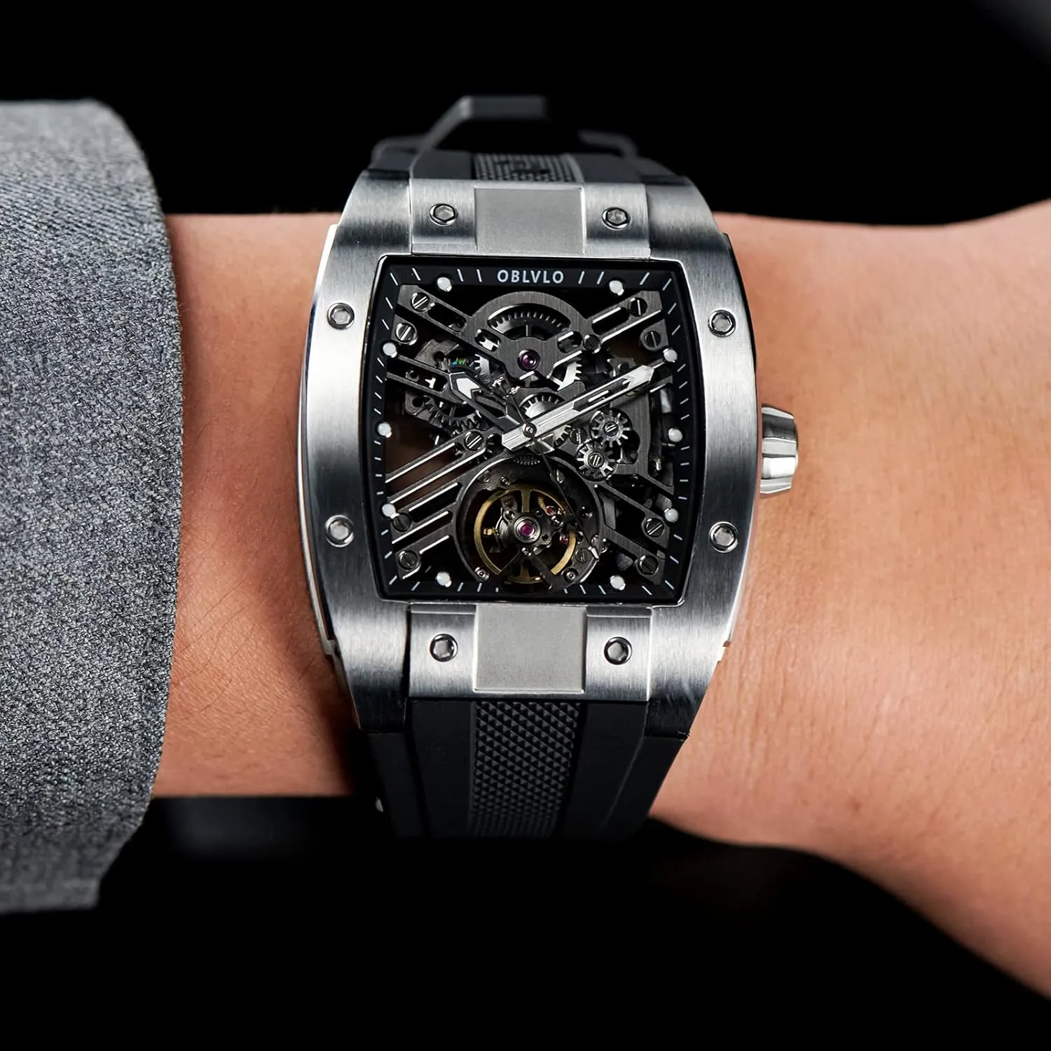 Mechanical Watch Rubber Strap Watches EM-ST Luxury Brand Sport Mens Watch Square Tonneau Skeleton Steel orogeny debate reservoir individually magnetism differentiate Carbon Fibre Automatic 