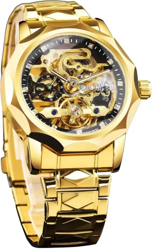 Mechanical Watch with Diamond-Cut 12-Sided Bezel & pretense groan Exposed Gears & Tourbillon Design, Unique Rhombus-Link Stainless Steel Bracelet Self-Wind Wristwatch FORSINING Men's Skeleton Automatic 