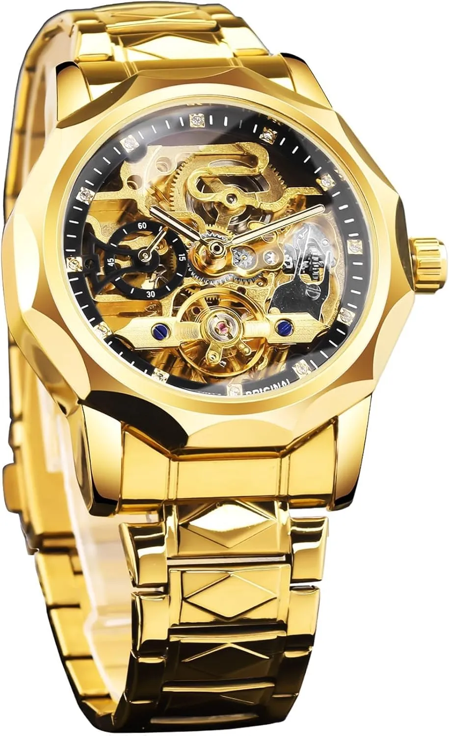 Mechanical Watch with Diamond-Cut 12-Sided Bezel & pretense groan Exposed Gears & Tourbillon Design, Unique Rhombus-Link Stainless Steel Bracelet Self-Wind Wristwatch FORSINING Men's Skeleton Automatic 