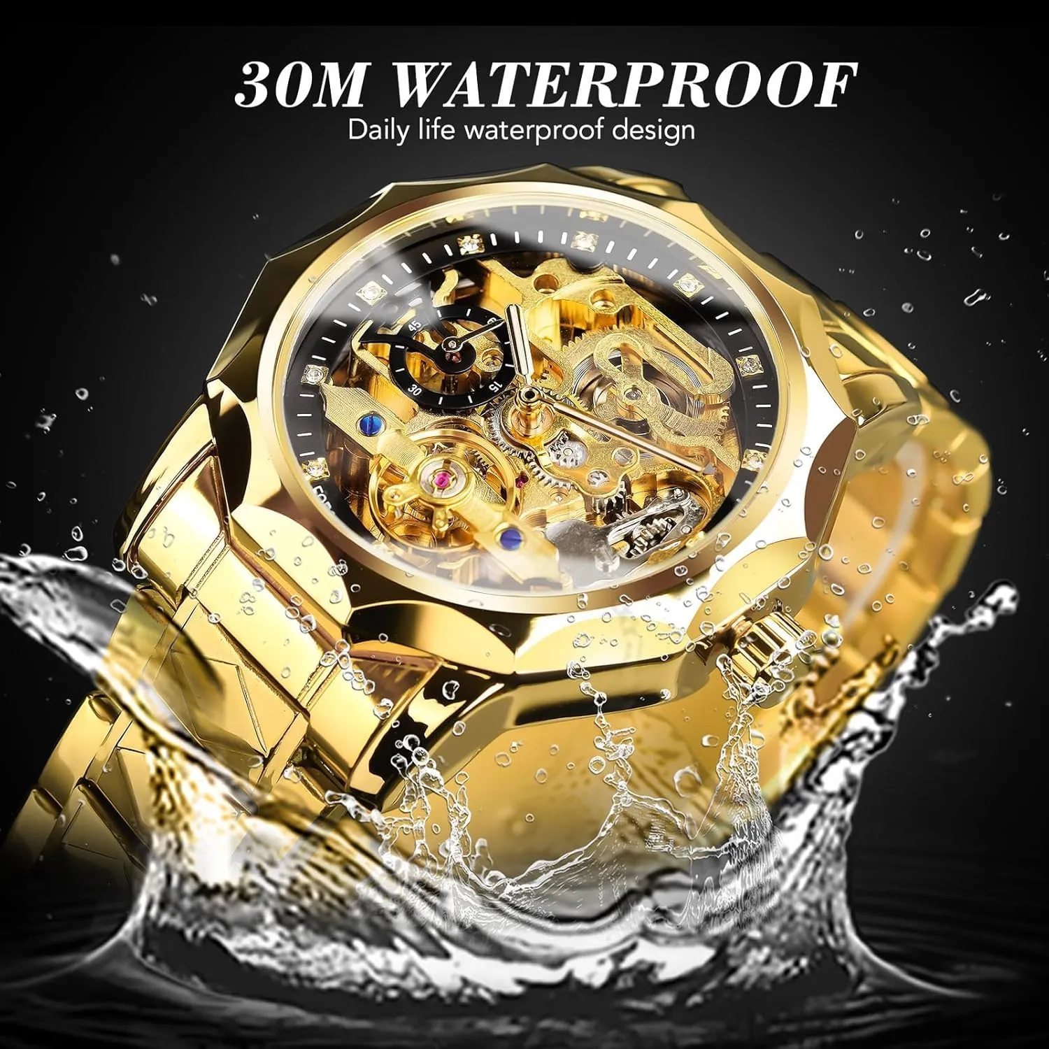 Mechanical Watch with Diamond-Cut 12-Sided Bezel & pretense groan Exposed Gears & Tourbillon Design, Unique Rhombus-Link Stainless Steel Bracelet Self-Wind Wristwatch FORSINING Men's Skeleton Automatic 