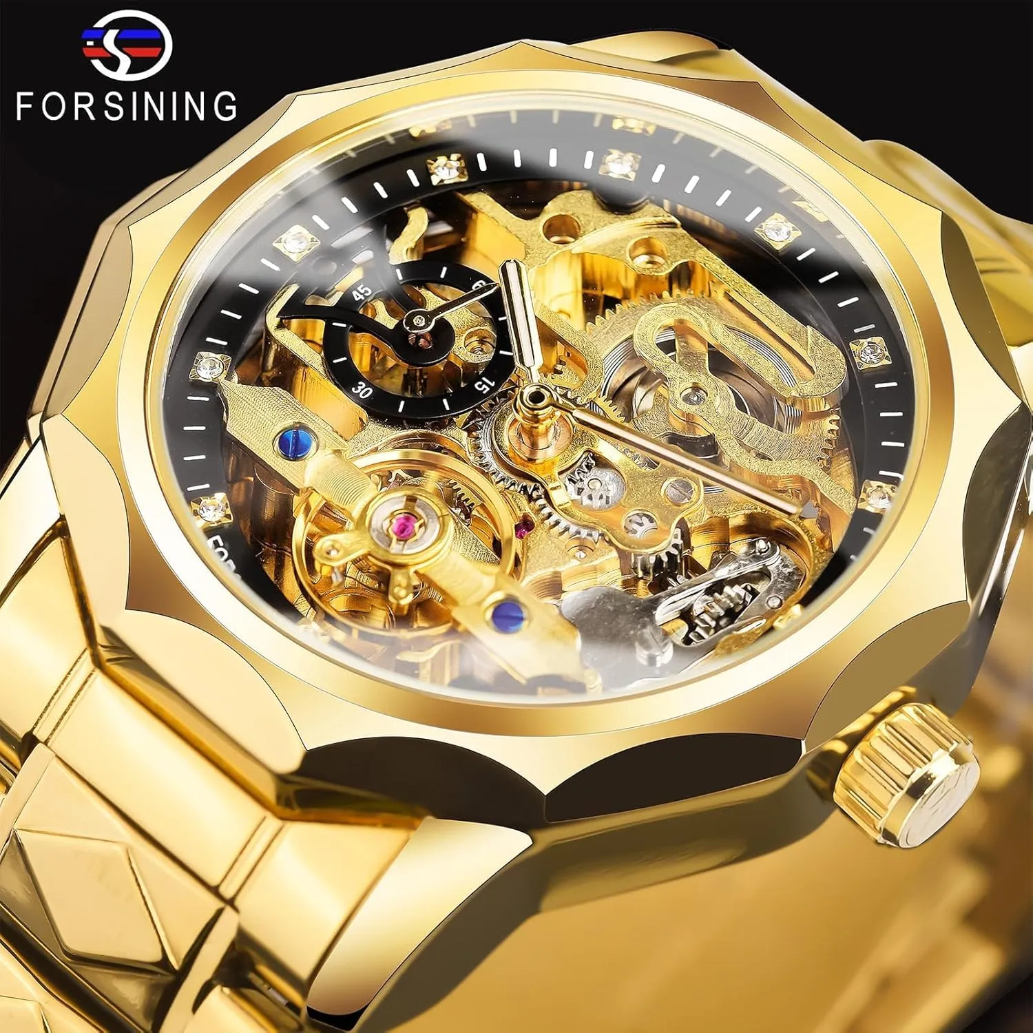 Mechanical Watch with Diamond-Cut 12-Sided Bezel & pretense groan Exposed Gears & Tourbillon Design, Unique Rhombus-Link Stainless Steel Bracelet Self-Wind Wristwatch FORSINING Men's Skeleton Automatic 