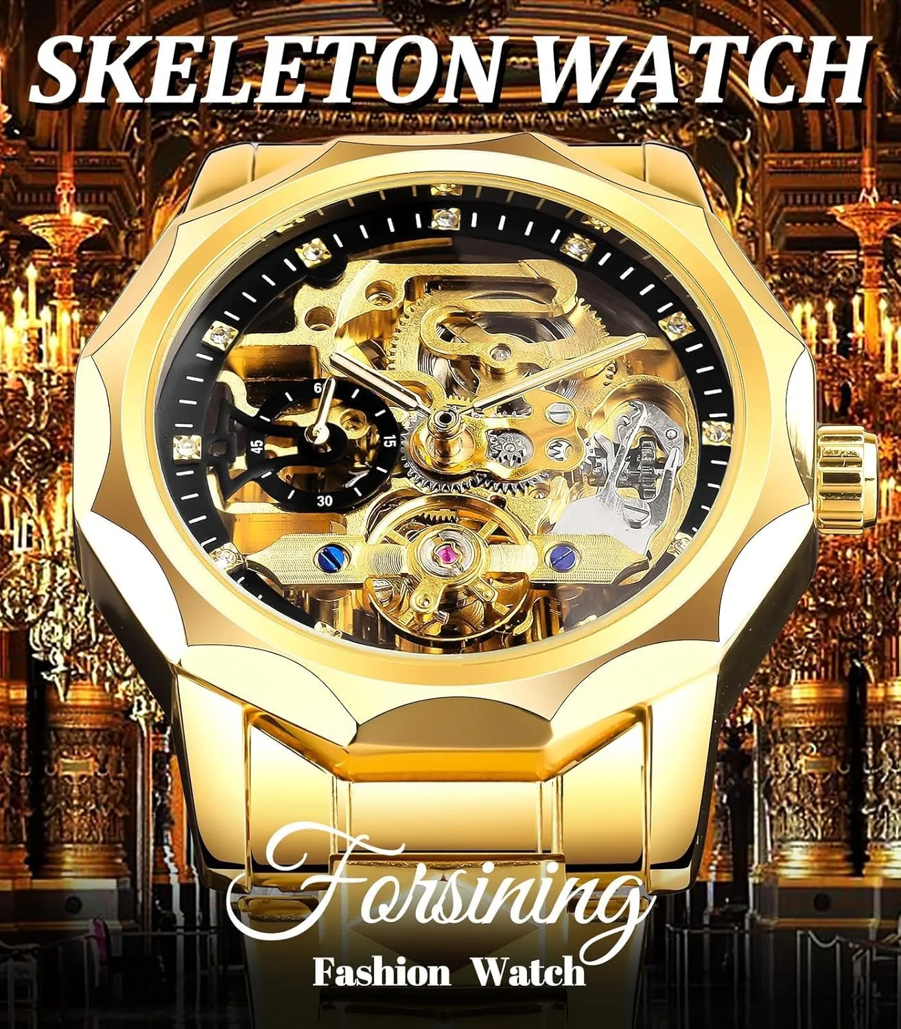 Mechanical Watch with Diamond-Cut 12-Sided Bezel & pretense groan Exposed Gears & Tourbillon Design, Unique Rhombus-Link Stainless Steel Bracelet Self-Wind Wristwatch FORSINING Men's Skeleton Automatic 