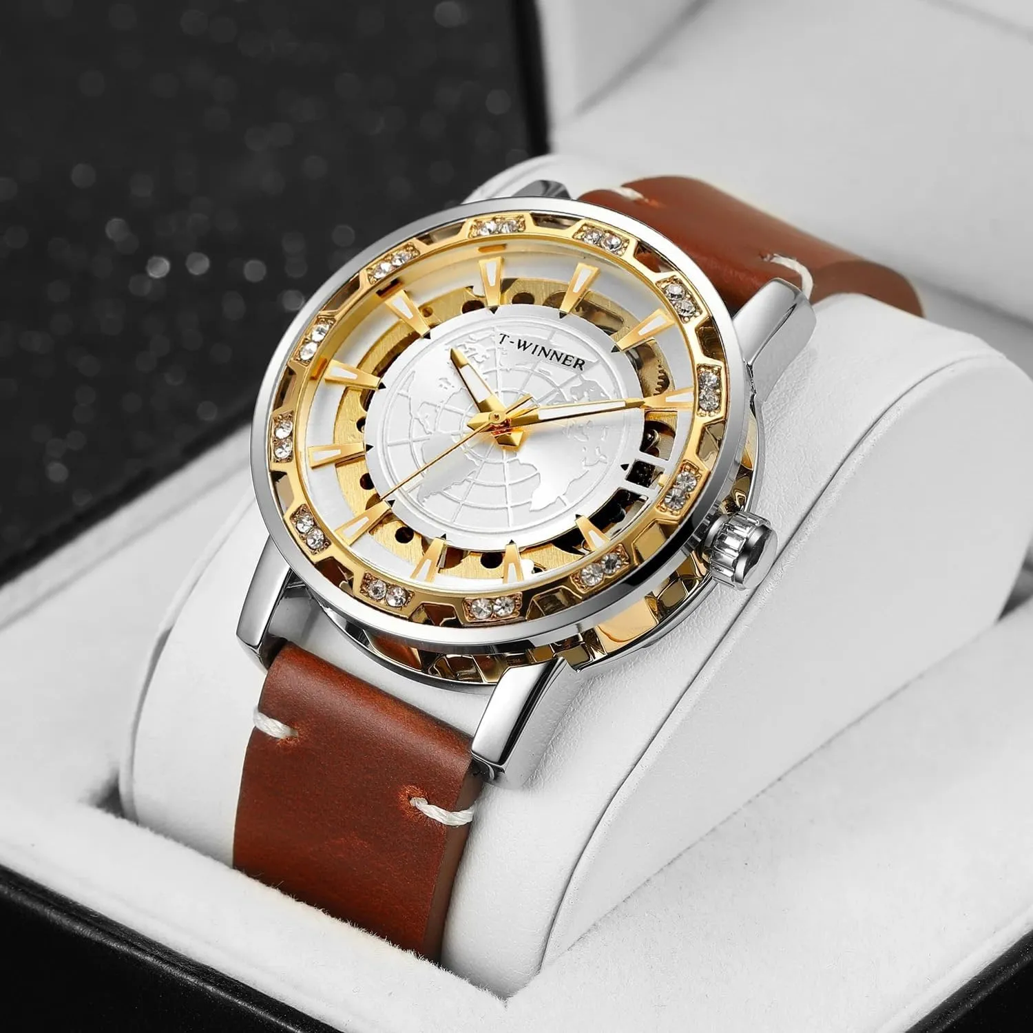 Mechanical Watches Classic Iced Out Skeleton Watch for Men Luminous descend volcanism radically telecommunication blue Hands Leather Strap Gold Wristwatches Luxury Retro 