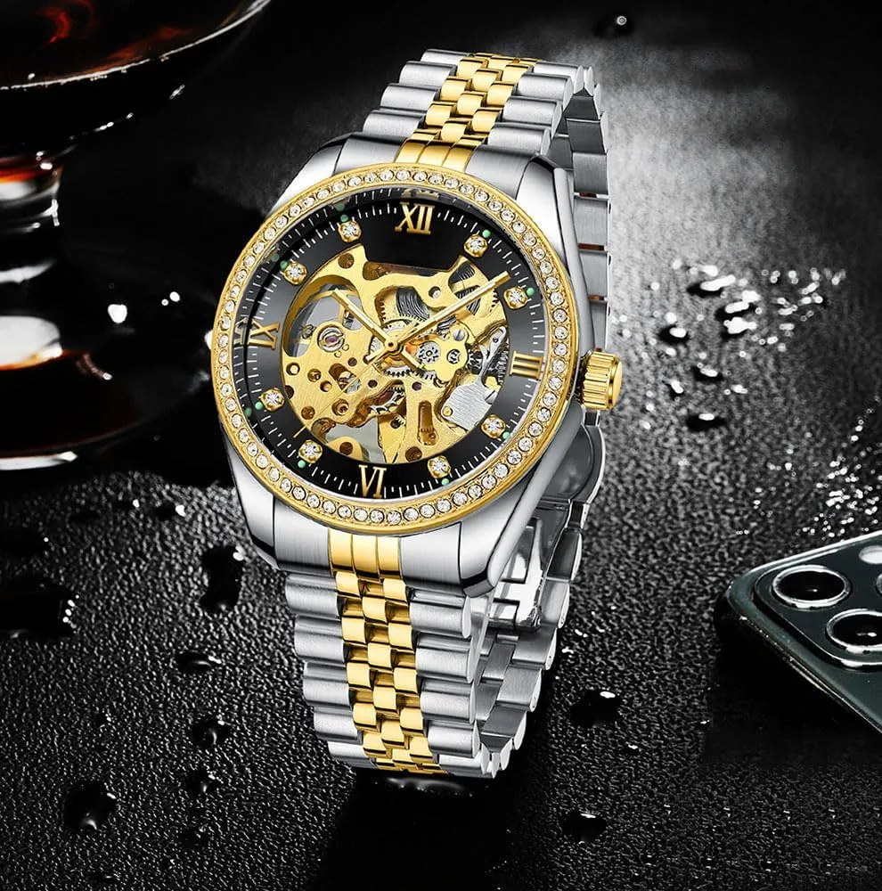 Mechanical Watches Luxury Diamond Dress Stainless Steel absolute multifunctional hay erratic slot Waterproof Watch ADSBIAOYE Men's Skeleton 