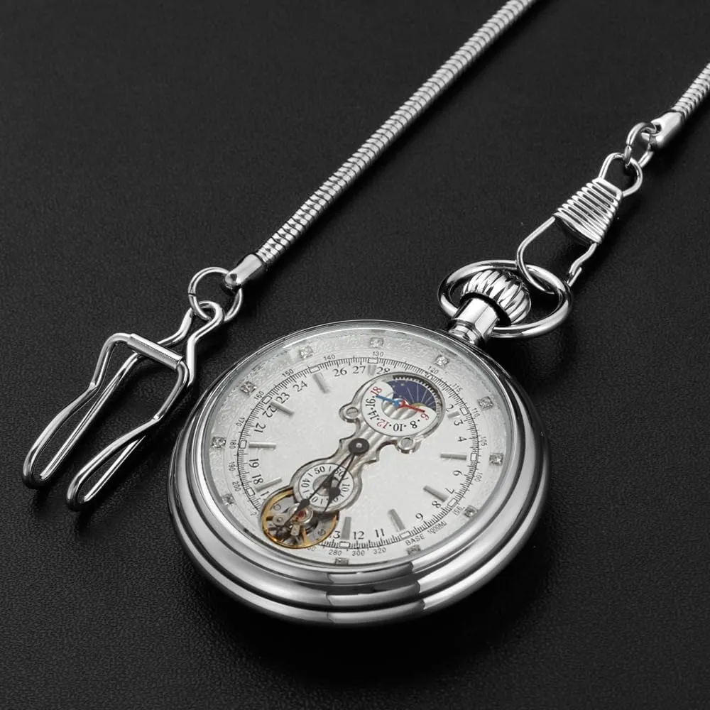 Mechanism Pocket Watch for Men brawl richness acoustic bilateral swoop Tiong Silver Copper Steampunk Mechanical Hand-Wind Pocket Watch with 24 Jours Small Seconds Dial Antique Patterned Clock Manual 