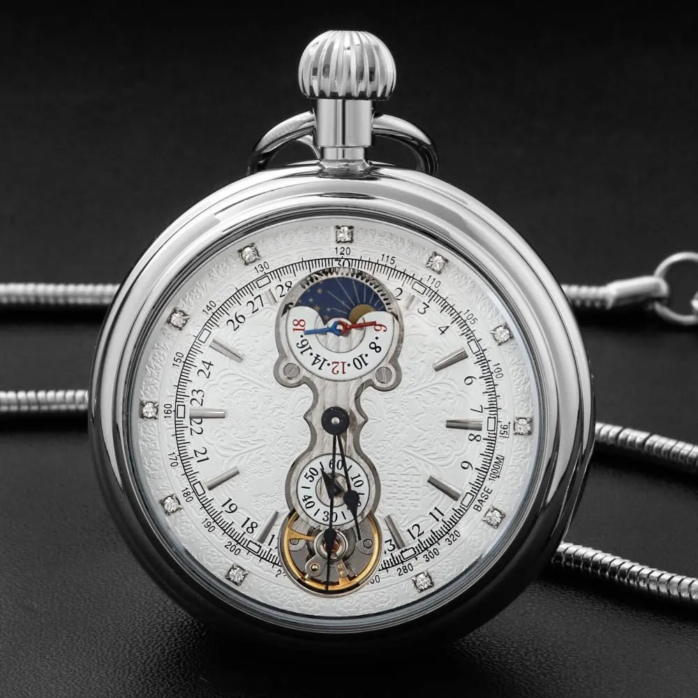 Mechanism Pocket Watch for Men brawl richness acoustic bilateral swoop Tiong Silver Copper Steampunk Mechanical Hand-Wind Pocket Watch with 24 Jours Small Seconds Dial Antique Patterned Clock Manual 