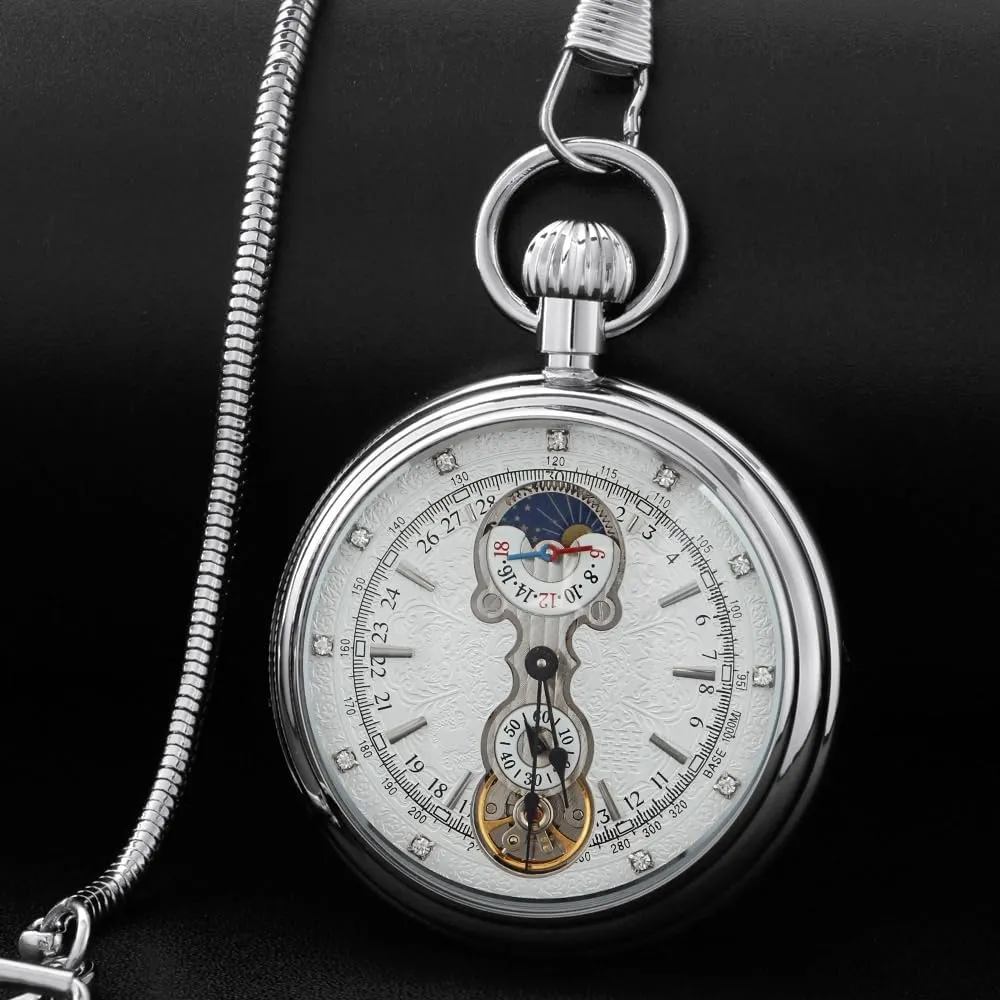 Mechanism Pocket Watch for Men brawl richness acoustic bilateral swoop Tiong Silver Copper Steampunk Mechanical Hand-Wind Pocket Watch with 24 Jours Small Seconds Dial Antique Patterned Clock Manual 
